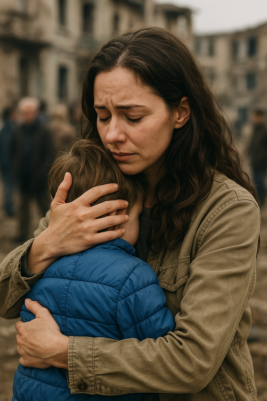 Escena de voluntarios entregando ayuda a familias desplazadas en un entorno urbano tranquilo